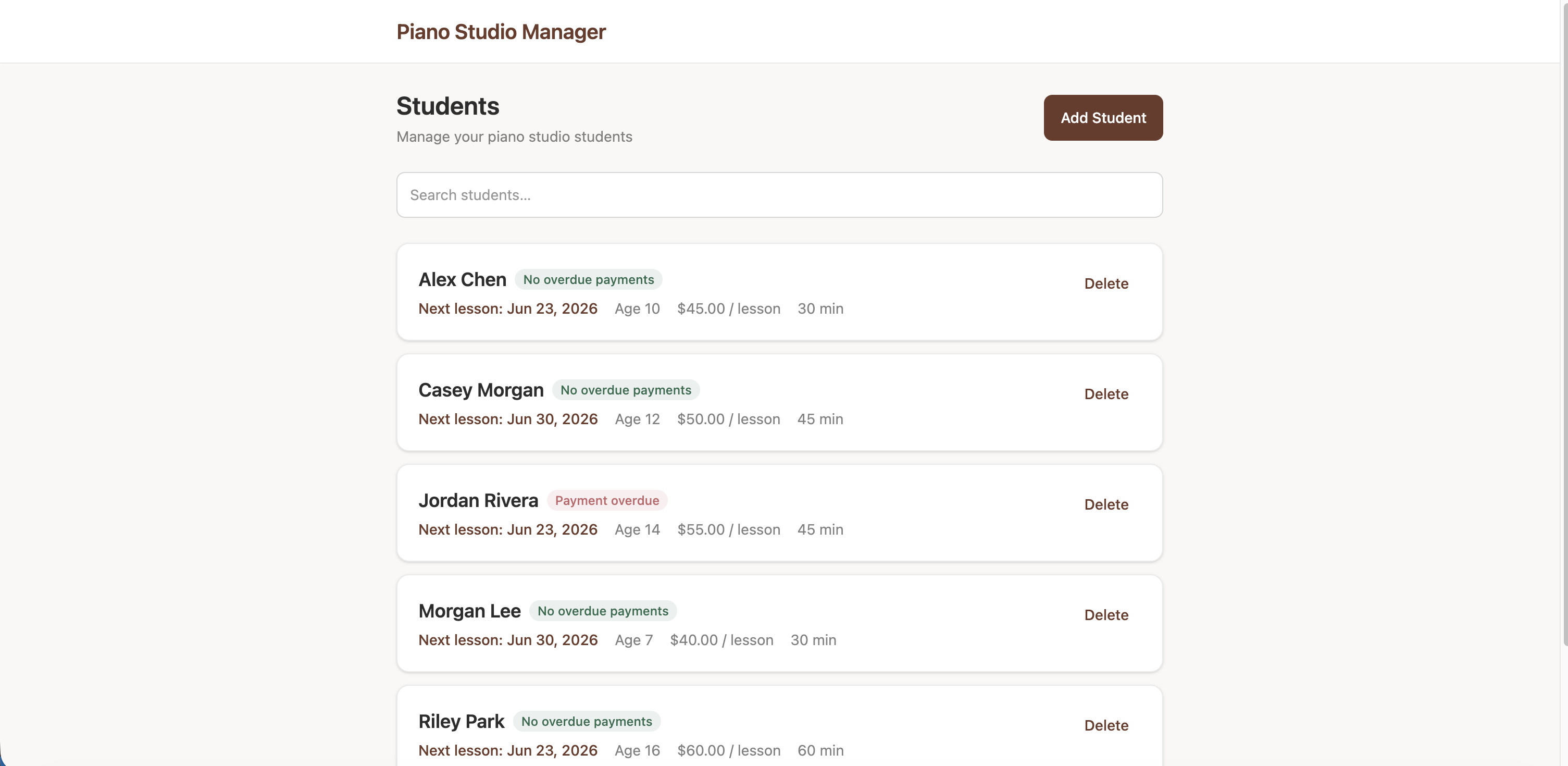 Screenshot of piano studio