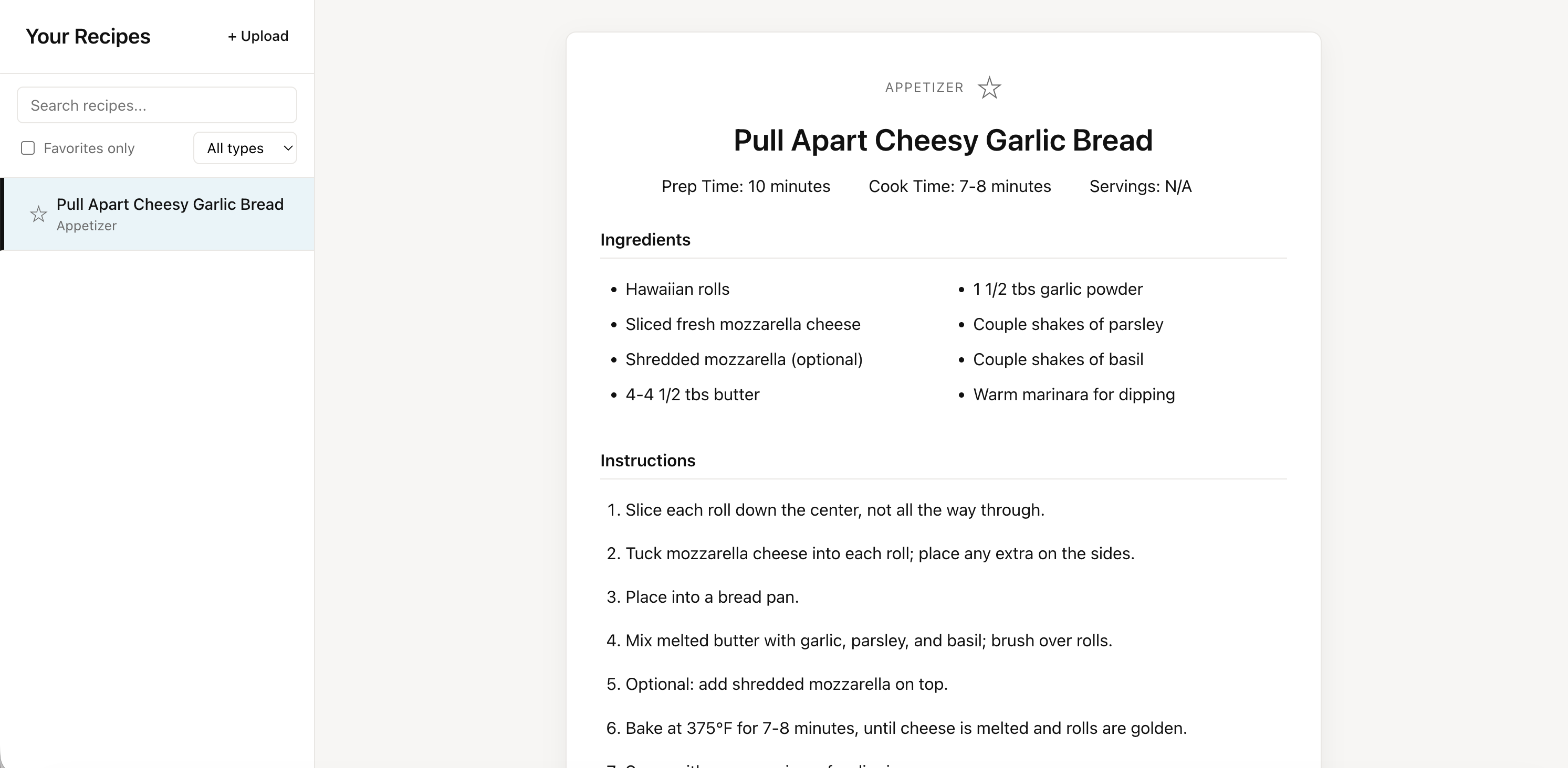 Screenshot of recipe app